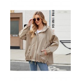 Plus Size - Plus Size Women'S Elegant Hooded Trench Coat - Loose-Fit Windproof Jacket with Double Zipper Closure, Long Sleeves & Belted Waist - /Neutral Tones - Spring/Fall