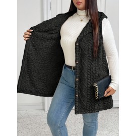 Plus Size - Women'S Plus Size Fuzzy Jacquard Hooded Vest Jacket - Thick Warm Winter Coat with Single-Breasted Button Front, Sleeveless Mid-length Solid Color Elegant Outerwear For Fall & Winter