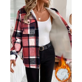 Plus Size, Women's Plus Size Plaid Jacket Winter Warm Corduroy-Like Lining Hooded Coat with Burgundy/Navy/Black/White Tartan, Zipper Closure & Pockets - Elegant Casual Outerwear (Maroon Collar) for Fall/Winter, Machine Washable