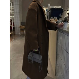 Plus Size, Women's Plus Size Oversized Double-Breasted Lapel Coat - Long Maxi Length Brown Trench Coat with H-Line Silhouette, Notch Collar & Drape Shoulder Sleeves, Elegant Winter Jacket for, Travel, Casual (All-Season, Tailored Loose Fit)