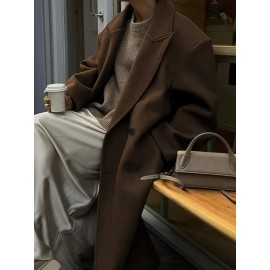 Plus Size, Women's Plus Size Oversized Double-Breasted Lapel Coat - Long Maxi Length Brown Trench Coat with H-Line Silhouette, Notch Collar & Drape Shoulder Sleeves, Elegant Winter Jacket for, Travel, Casual (All-Season, Tailored Loose Fit)