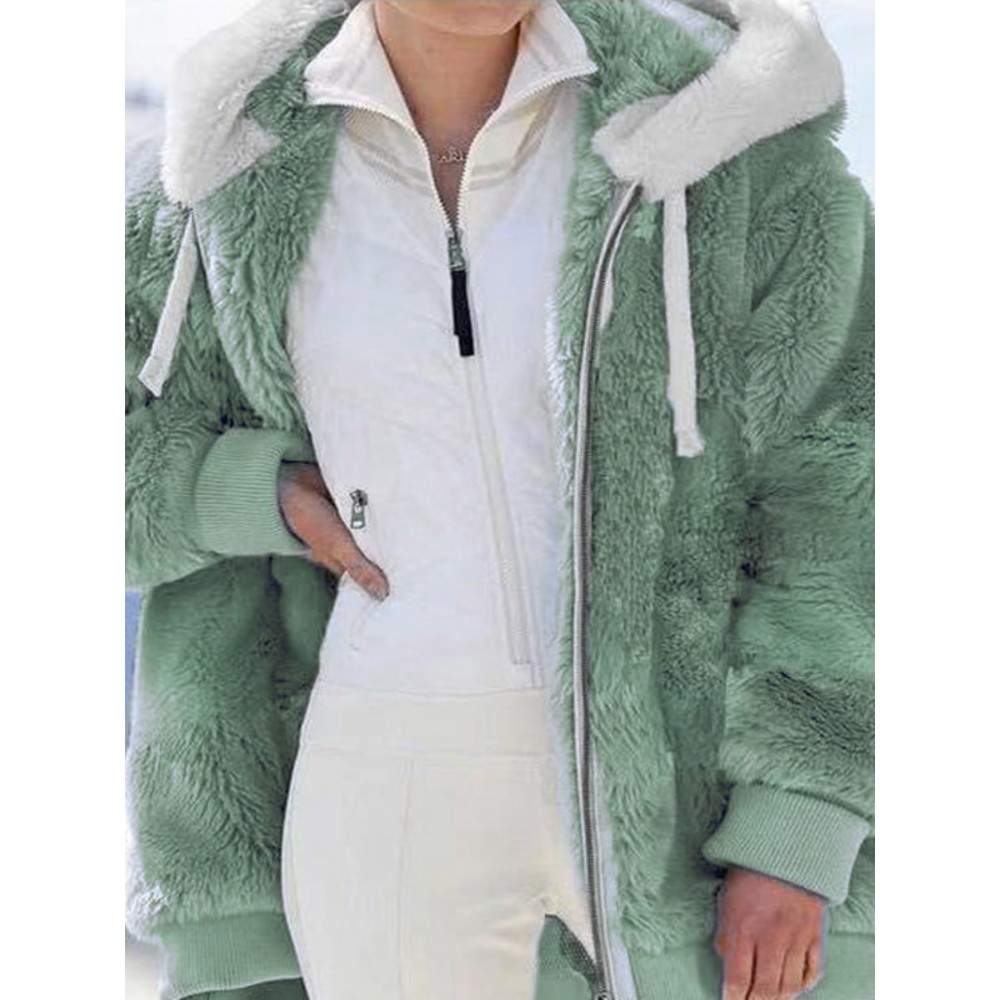 Plus Size, Women's Winter Jacket - Mint Green & White Contrast Hooded Coat, Long Sleeve Outerwear with Front Zipper Closure, Machine Washable Cold Weather Jacket for Everyday & Formal Events, Seasonal Fashion, Stylish Coat, Plush Lining, Office Wear