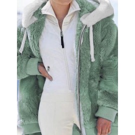 Plus Size, Women's Winter Jacket - Mint Green & White Contrast Hooded Coat, Long Sleeve Outerwear with Front Zipper Closure, Machine Washable Cold Weather Jacket for Everyday & Formal Events, Seasonal Fashion, Stylish Coat, Plush Lining, Office Wear