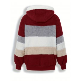 Plus Size Striped Fuzzy Hooded Coat - Soft, Warm, and Cozy Long Sleeve Zipper Coat for Fall and Winter - Women's Casual Outerwear for Cold Weather