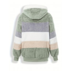 Plus Size Striped Fuzzy Hooded Coat - Soft, Warm, and Cozy Long Sleeve Zipper Coat for Fall and Winter - Women's Casual Outerwear for Cold Weather