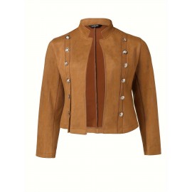 1pc Women'S Plus Size Casual Polyester Jacket with Faux Buttons, Solid Color Knitted Open Front Collar, Stretch Fabric, Autumn/Winter Outerwear