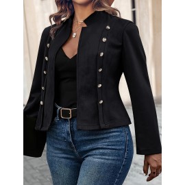1pc Women'S Plus Size Casual Polyester Jacket with Faux Buttons, Solid Color Knitted Open Front Collar, Stretch Fabric, Autumn/Winter Outerwear