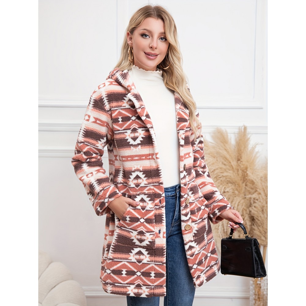 Plus Size Button Front Hooded Coat - Casual Lapel Neck, Flap Pockets, Long Sleeve, Warm and Cozy for Winter and Fall, Women's Clothing