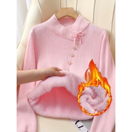 Women's Thick & Soft Sweater with Bow Buttons - Winter Warm Round Neck Long Sleeve Cozy Sweater, Beige & White Cable- Design, All-Season Casual Elegant Pullover for Fall and Winter Layering, Hand Wash or Dry Clean, Solid Color with Bow Detail, Medium Stretch, Relaxed Fit, Fleece Lining for Extra Warmth, Chic and Comfortable for Casual Attire, Cozy Sweaters For Women, Casual Long Sleeve Sweater, Oversized Knit Sweater, Colourfull Loose Sweater For Women,