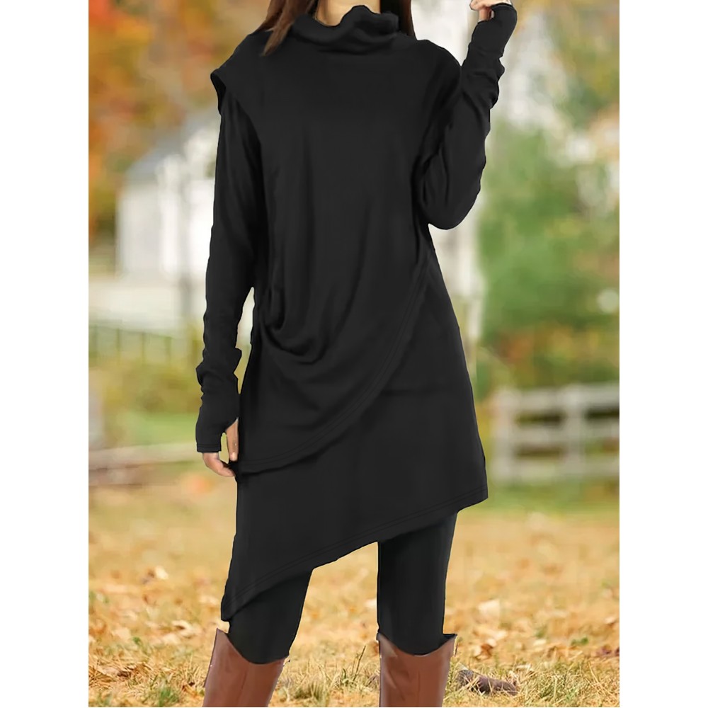 Women'S Fashion Long Sleeve High Neck Asymmetrical Tunic Dress, Solid Color, Polyester, Casual Style, Pencil Skirt, All-Season, Knit Fabric, Adult Size