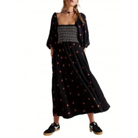 Women'S Floral Embroidered Maxi Dress with Puff Sleeves, Square Neck, Draped Tiered A-Line Skirt, 100% Polyester, Casual Summer Knit Fabric - Flowy Long Dress